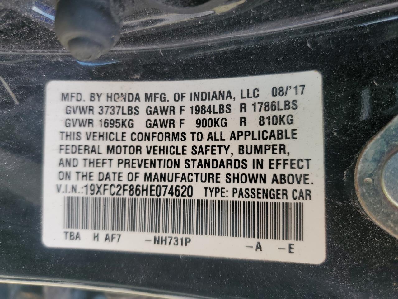19XFC2F86HE074620 HONDA CIVIC 2017