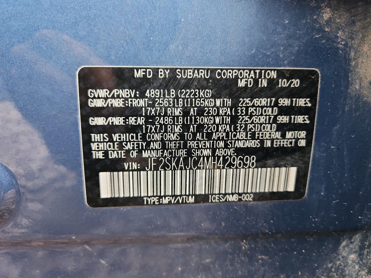 2021 Subaru Forester Premium VIN: JF2SKAJC4MH429698 Lot: 64997675