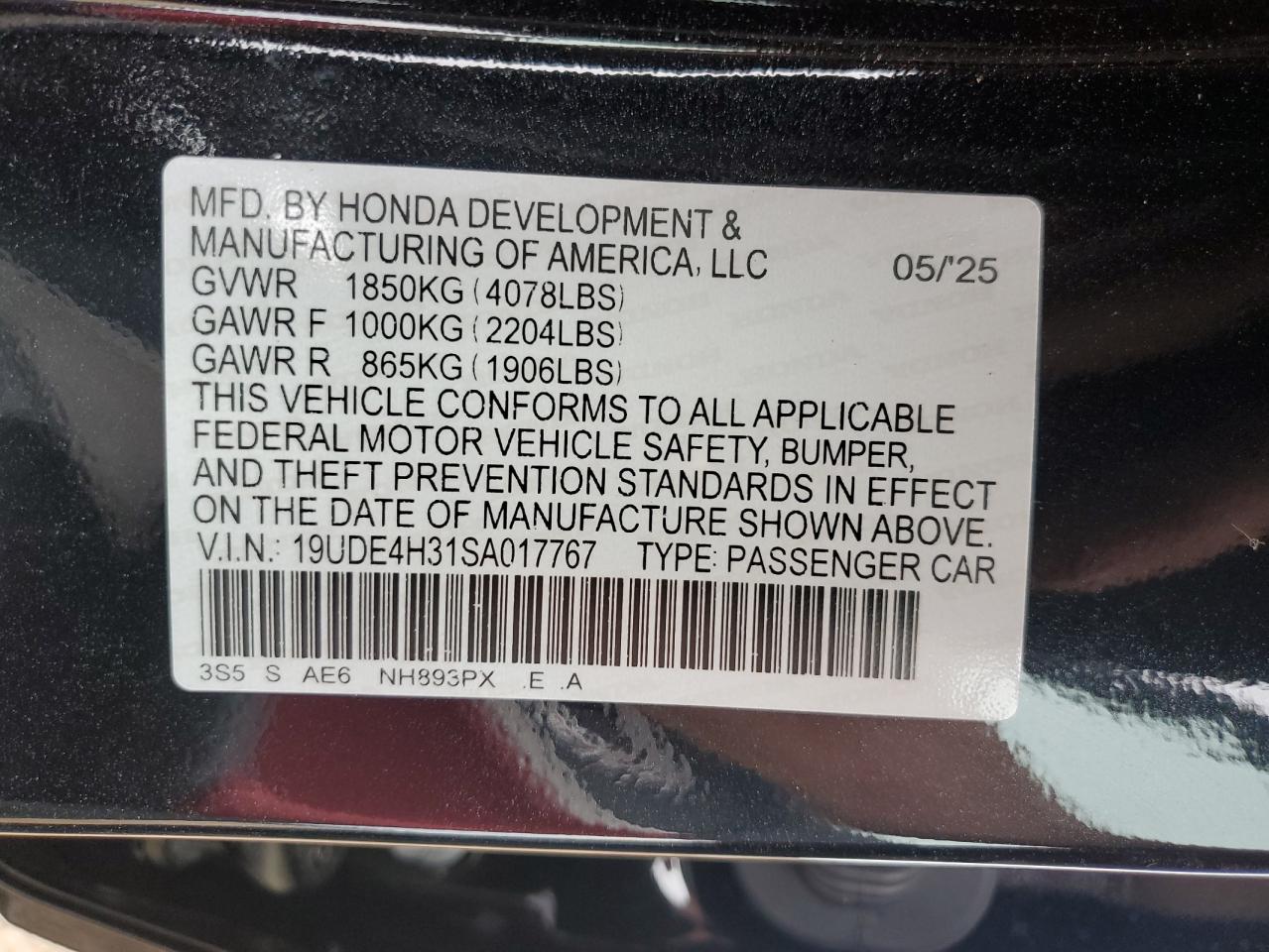 2025 Acura Integra A-Spec VIN: 19UDE4H31SA017767 Lot: 63873565