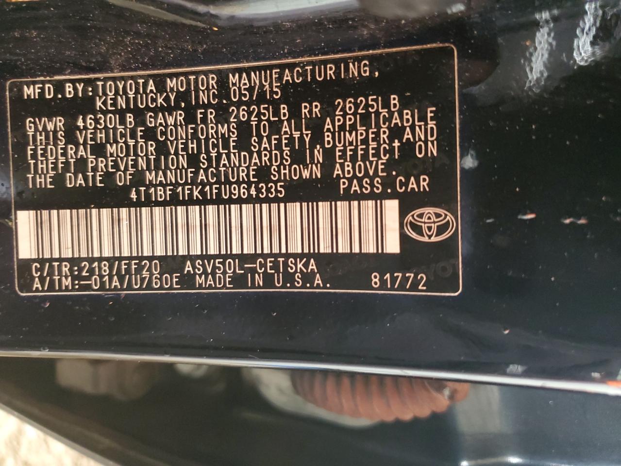 2015 Toyota Camry Le VIN: 4T1BF1FK1FU964335 Lot: 65118325