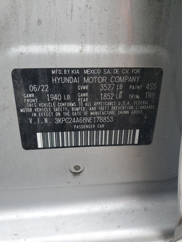 2022 Hyundai Accent Se VIN: 3KPC24A68NE178853 Lot: 62482785