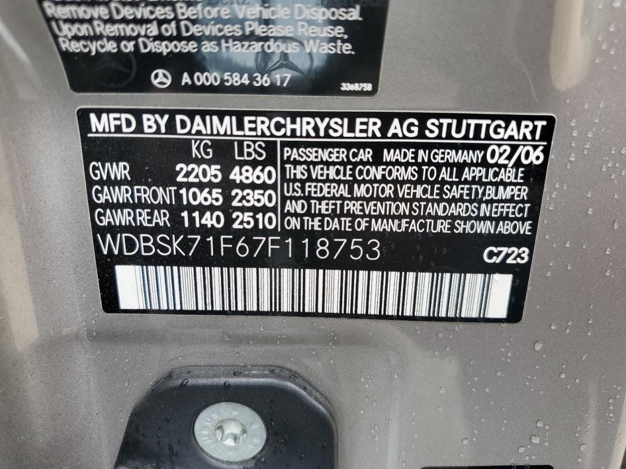 2007 Mercedes-Benz Sl 550 VIN: WDBSK71F67F118753 Lot: 63749125