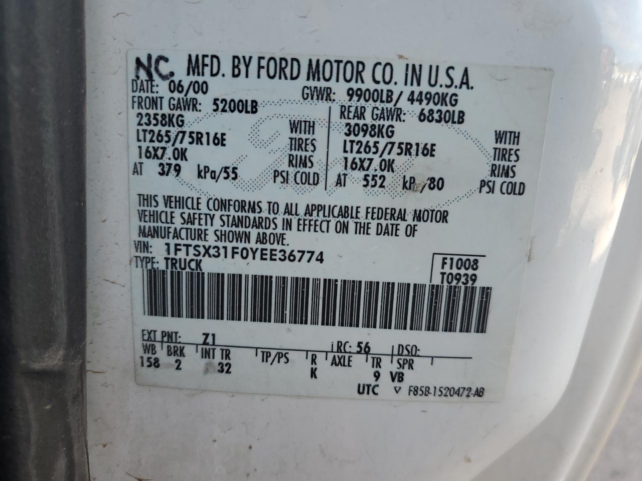 2000 Ford F350 Srw Super Duty VIN: 1FTSX31F0YEE36774 Lot: 64218335