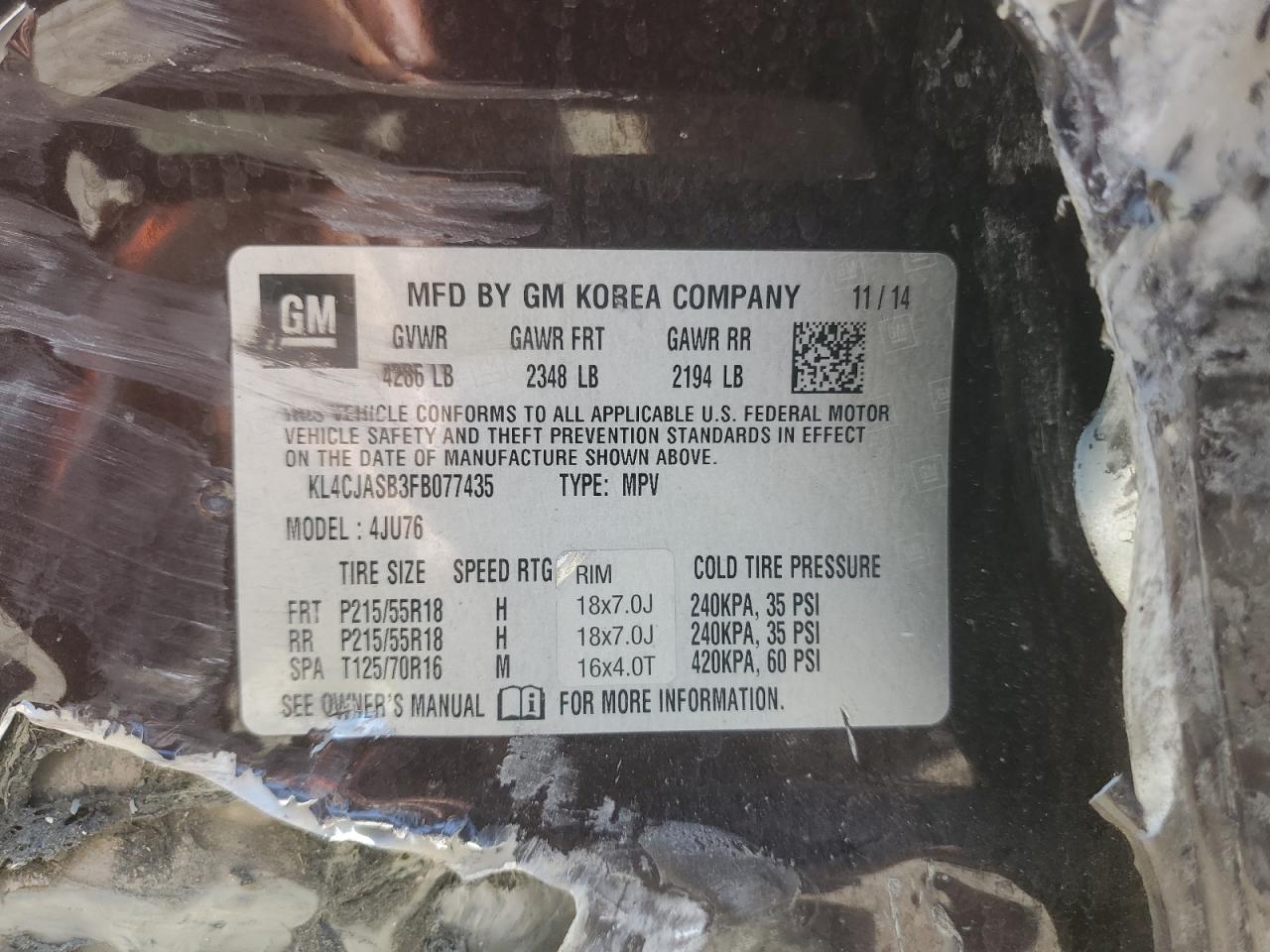 2015 Buick Encore VIN: KL4CJASB3FB077435 Lot: 65358975