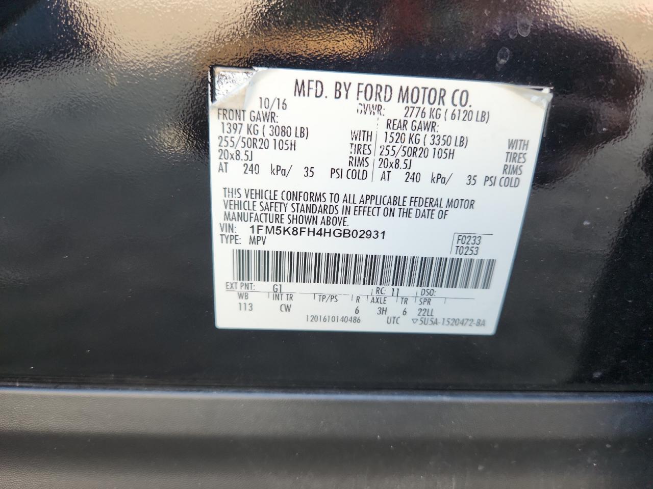 2017 Ford Explorer Limited VIN: 1FM5K8FH4HGB02931 Lot: 63149425