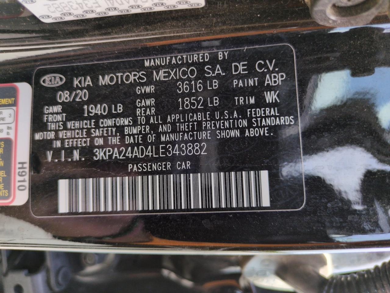 2020 Kia Rio Lx VIN: 3KPA24AD4LE343882 Lot: 65544145