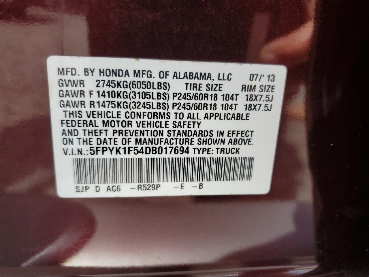 2013 Honda Ridgeline Rtl VIN: 5FPYK1F54DB017694 Lot: 64931875