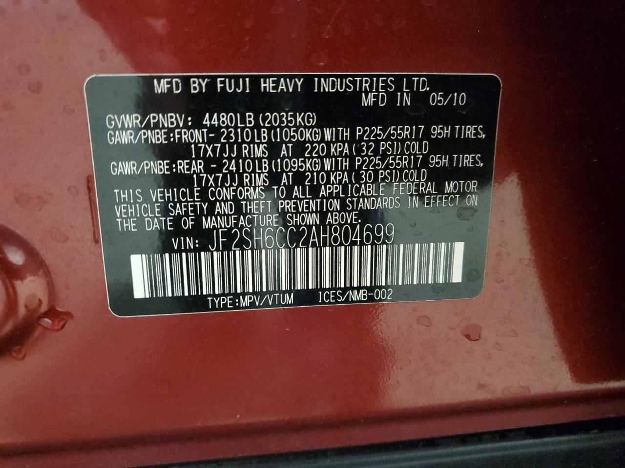 jf2sh6cc2ah804699 JF2SH6CC2AH804699 2010 Subaru Forester 2.5X Premium