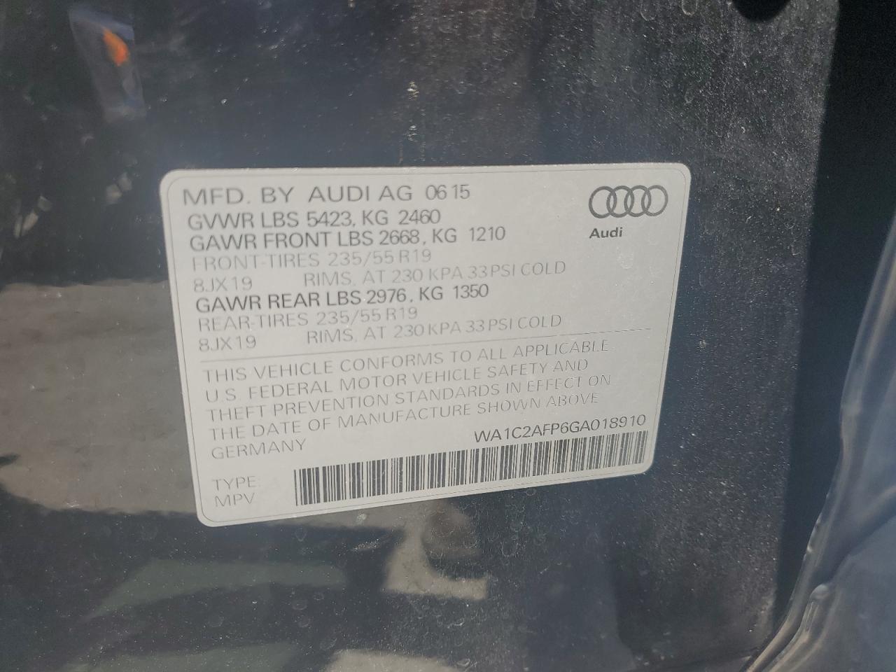 2016 Audi Q5 Premium VIN: WA1C2AFP6GA018910 Lot: 64889845