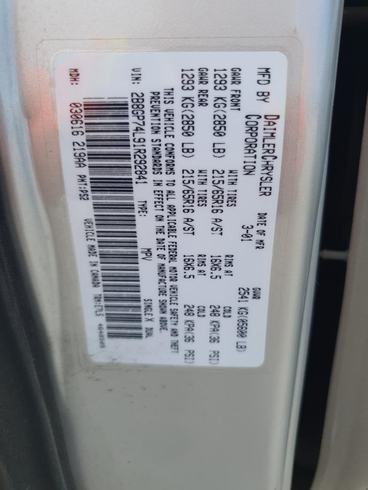 2001 Dodge Grand Caravan Ex VIN: 2B8GP74L91R292841 Lot: 64610545