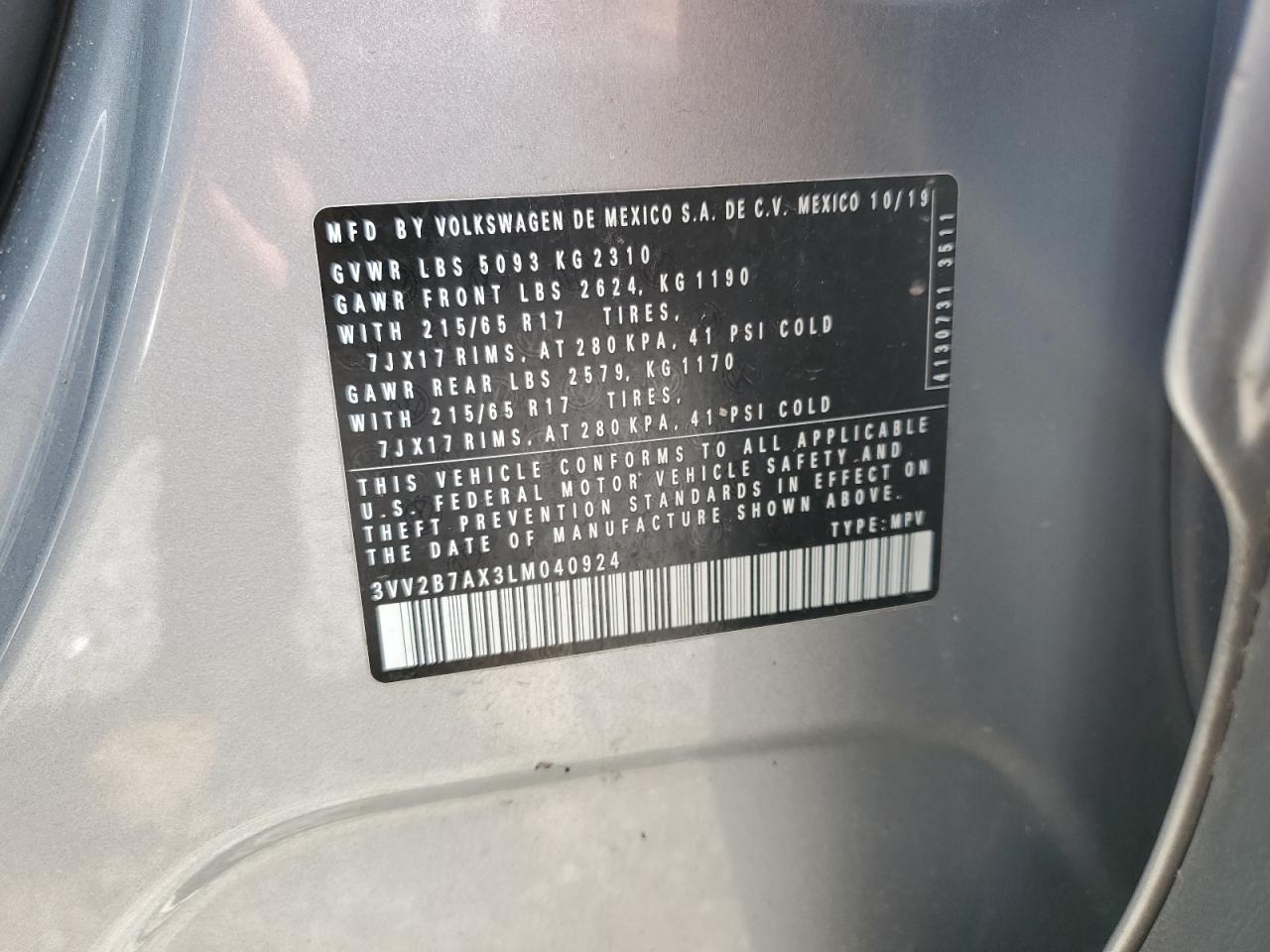 2020 Volkswagen Tiguan Se VIN: 3VV2B7AX3LM040924 Lot: 65140835