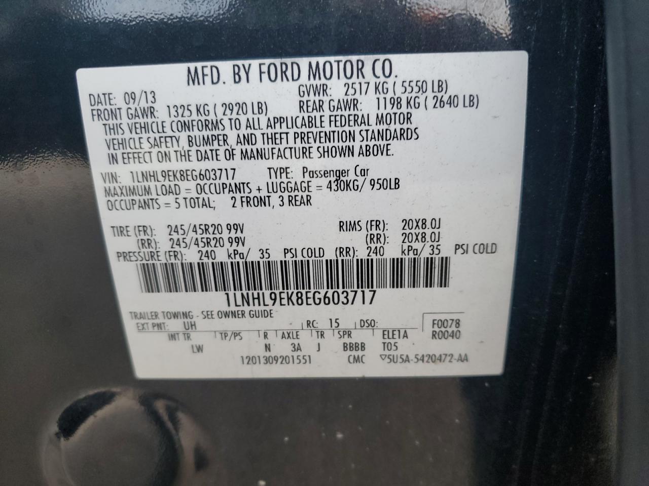 2014 Lincoln Mks VIN: 1LNHL9EK8EG603717 Lot: 63235905