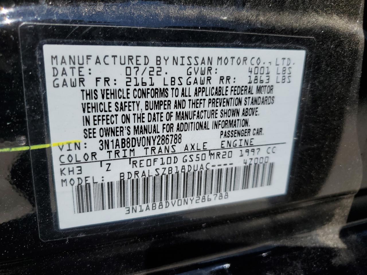 2022 Nissan Sentra Sr VIN: 3N1AB8DV0NY286788 Lot: 63344685