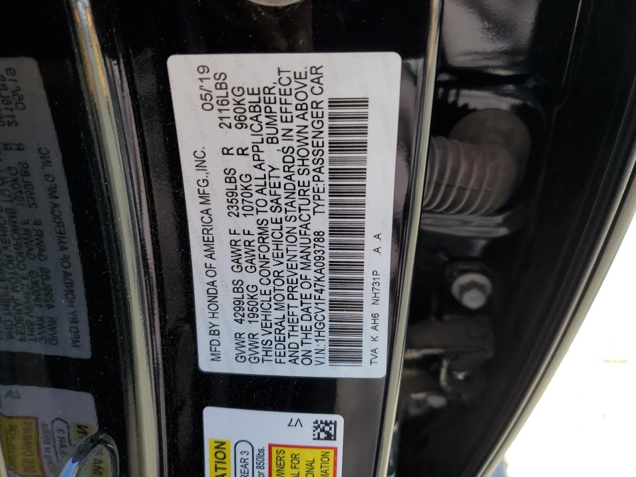 2019 Honda Accord Ex VIN: 1HGCV1F47KA093788 Lot: 65578535