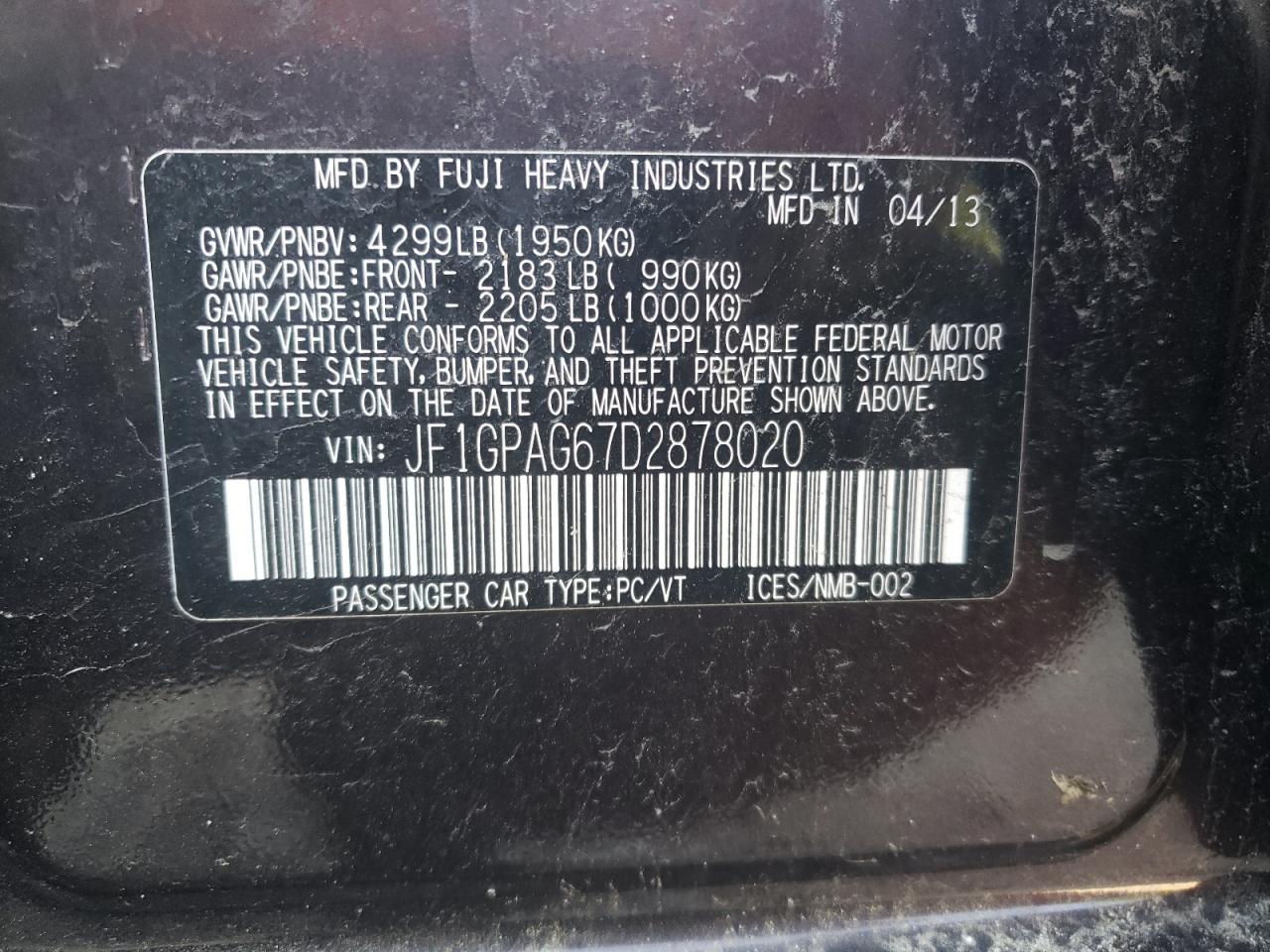 2013 Subaru Impreza Limited VIN: JF1GPAG67D2878020 Lot: 66084985