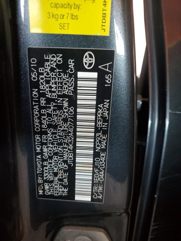 2010 Toyota Yaris VIN: JTDBT4K32A4077106 Lot: 64037575