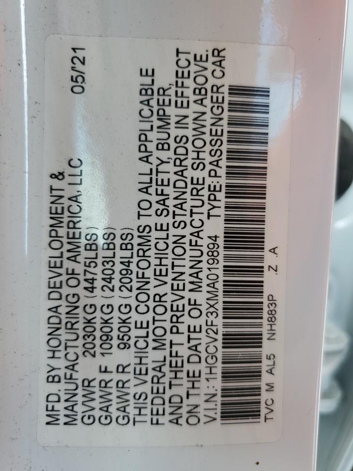 2021 Honda Accord Sport VIN: 1HGCV2F3XMA019894 Lot: 64115115