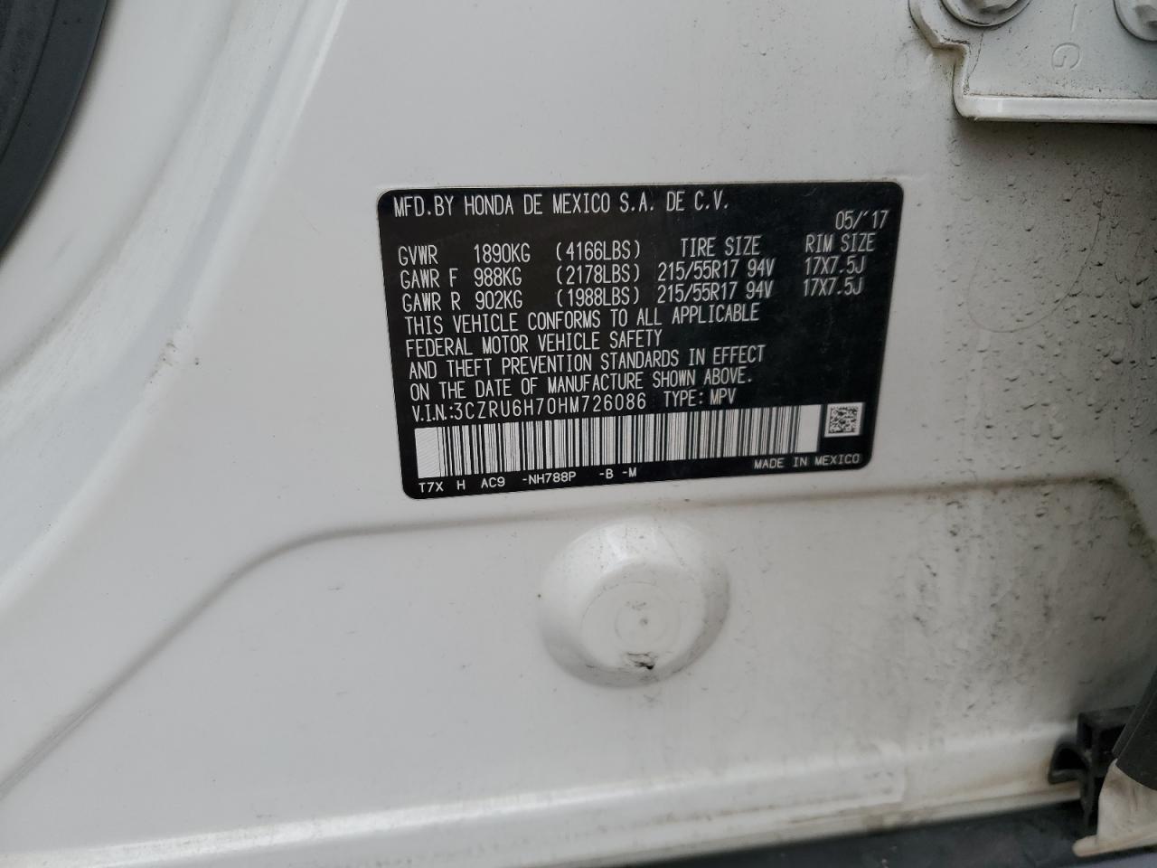 2017 Honda Hr-V Exl VIN: 3CZRU6H70HM726086 Lot: 65002645