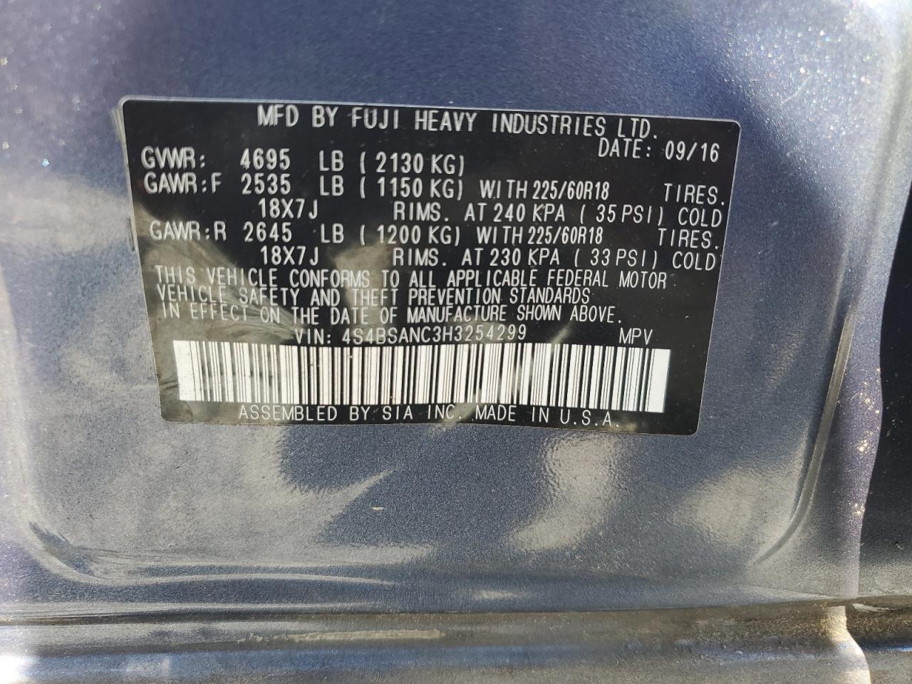 2017 Subaru Outback 2.5I Limited VIN: 4S4BSANC3H3254299 Lot: 65321765