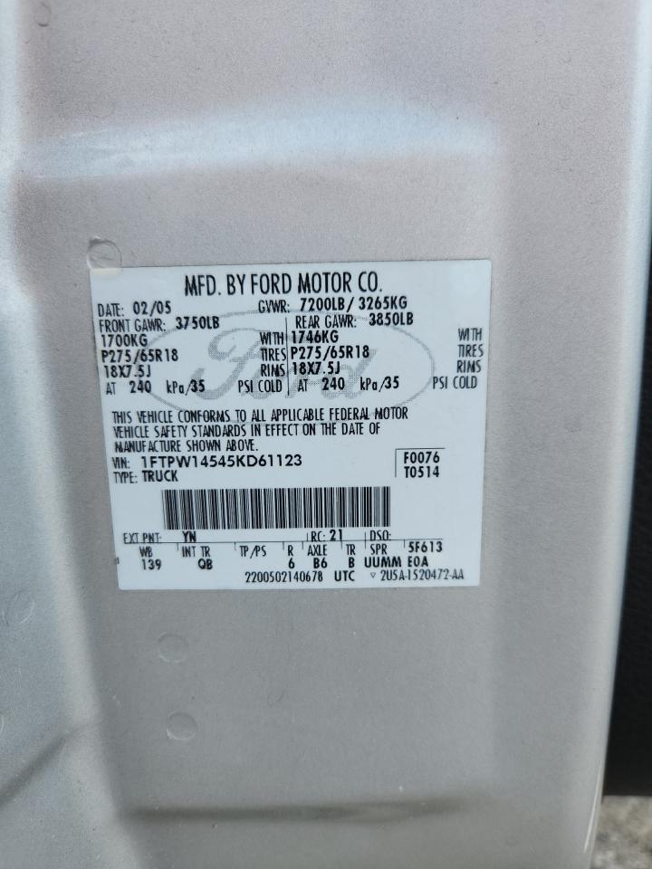 2005 Ford F150 Supercrew VIN: 1FTPW14545KD61123 Lot: 62775165