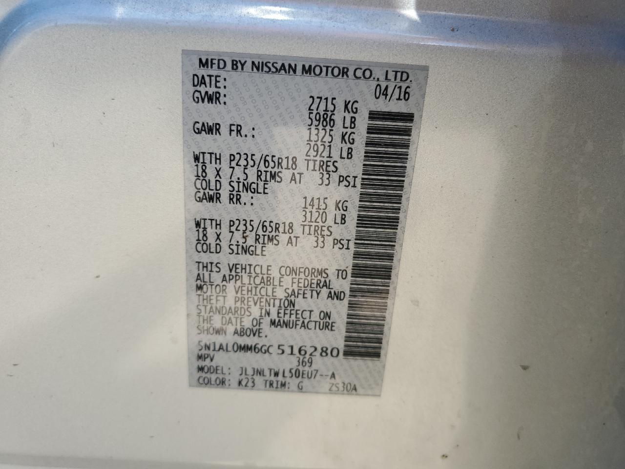 2016 Infiniti Qx60 VIN: 5N1AL0MM6GC516280 Lot: 65249105