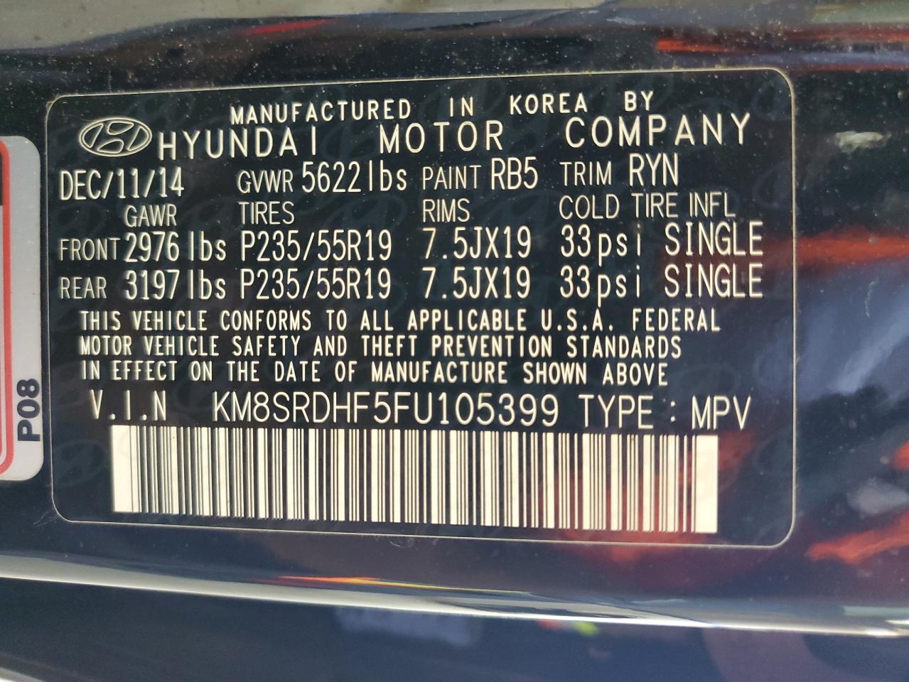 2015 Hyundai Santa Fe Gls VIN: KM8SRDHF5FU105399 Lot: 64620665