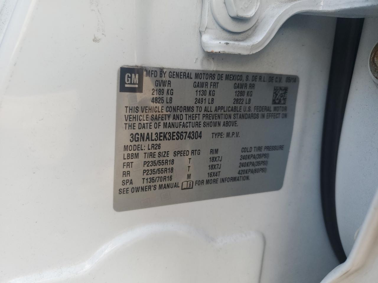 2014 Chevrolet Captiva Lt VIN: 3GNAL3EK3ES674304 Lot: 66793375