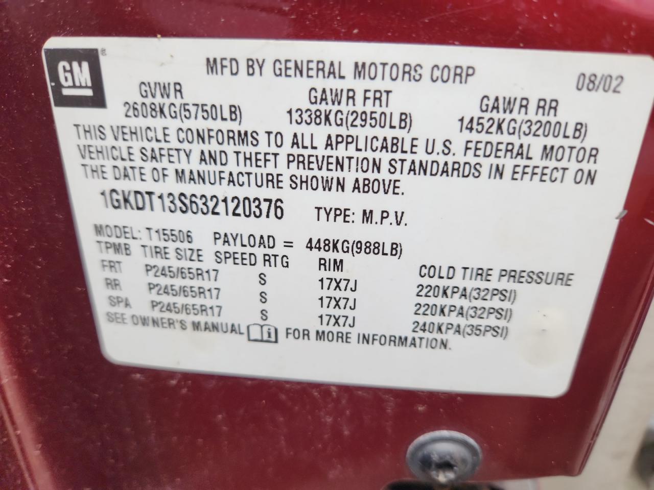 1gkdt13s632120376 1GKDT13S632120376 2003 GMC Envoy