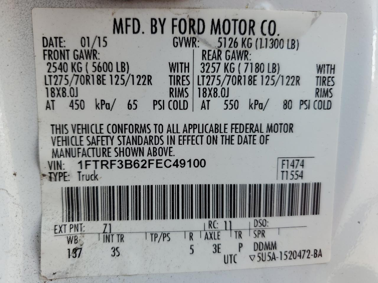 2015 Ford F350 Super Duty VIN: 1FTRF3B62FEC49100 Lot: 64742425