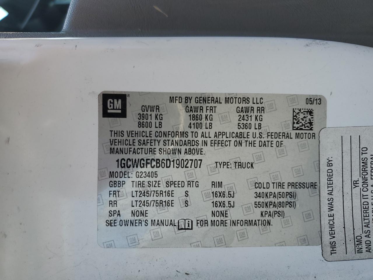 2013 Chevrolet Express G2500 VIN: 1GCWGFCB6D1902707 Lot: 65227315