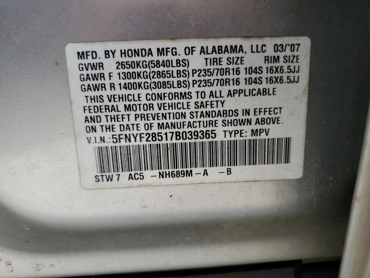 2007 Honda Pilot Exl VIN: 5FNYF28517B039365 Lot: 63922185