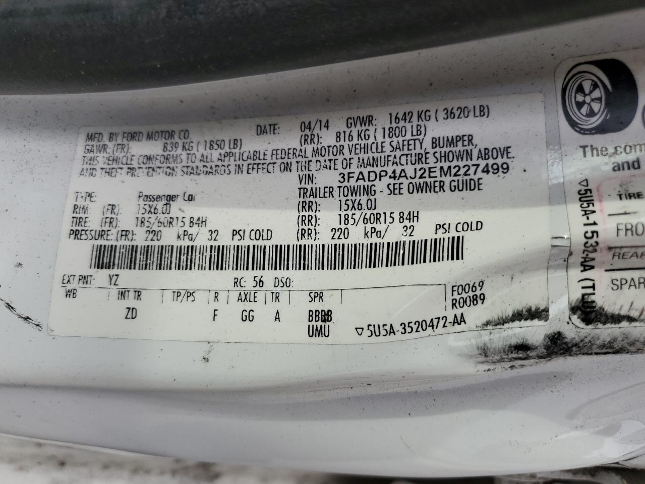 2014 Ford Fiesta S VIN: 3FADP4AJ2EM227499 Lot: 67220275