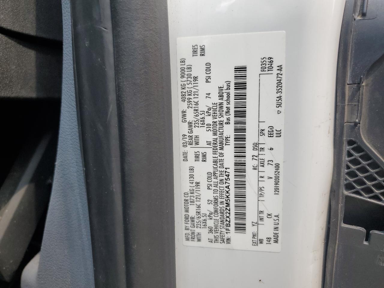 2019 Ford Transit T-350 VIN: 1FBZX2ZM5KKA75471 Lot: 63530075