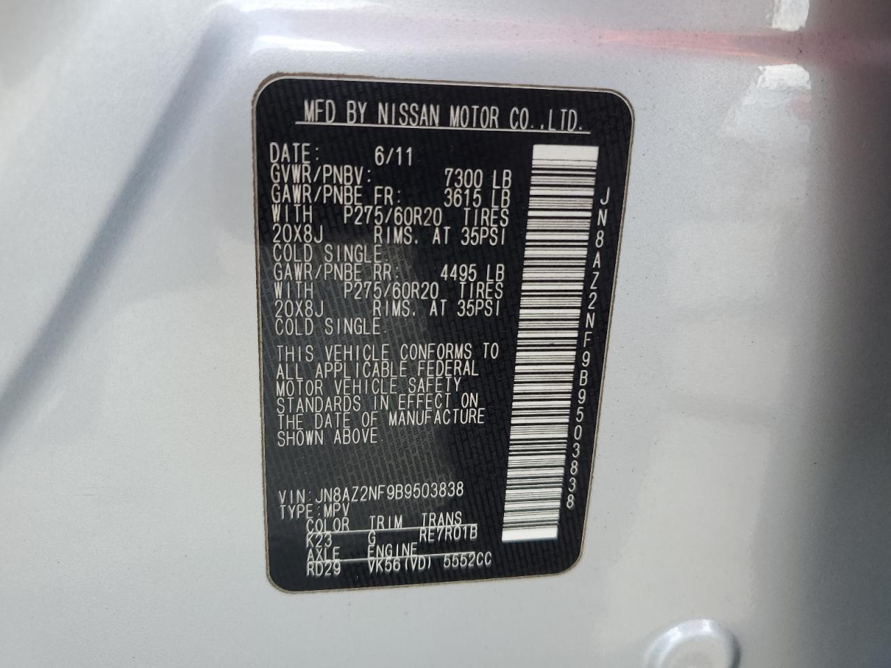 2011 Infiniti Qx56 VIN: JN8AZ2NF9B9503838 Lot: 63942085