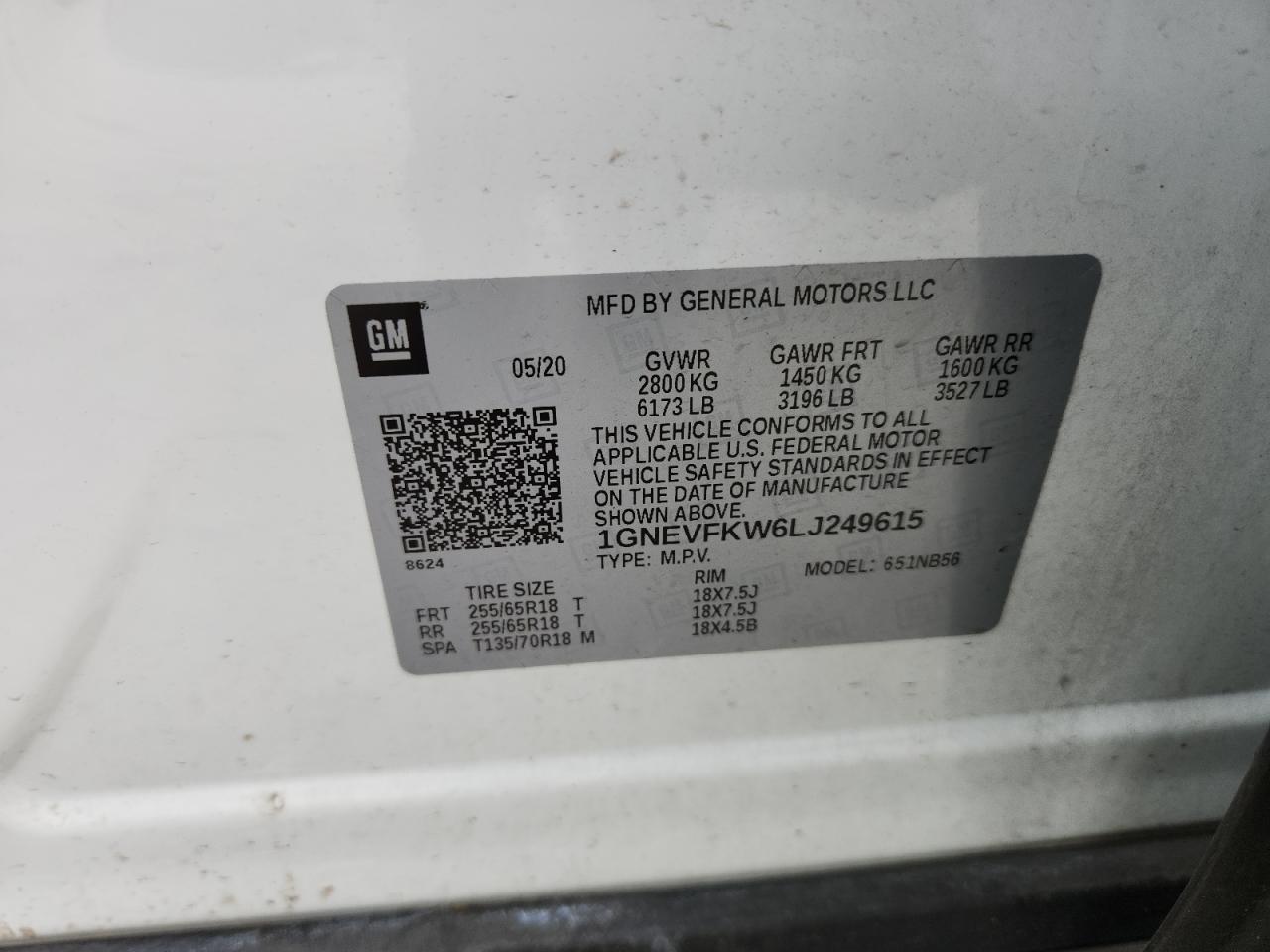 2020 Chevrolet Traverse Ls VIN: 1GNEVFKW6LJ249615 Lot: 65306015