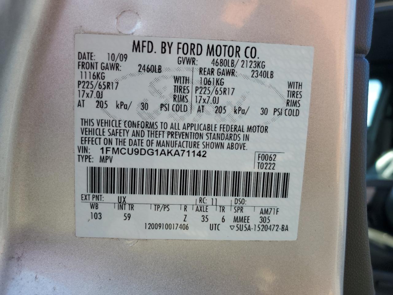 2010 Ford Escape Xlt VIN: 1FMCU9DG1AKA71142 Lot: 65501045