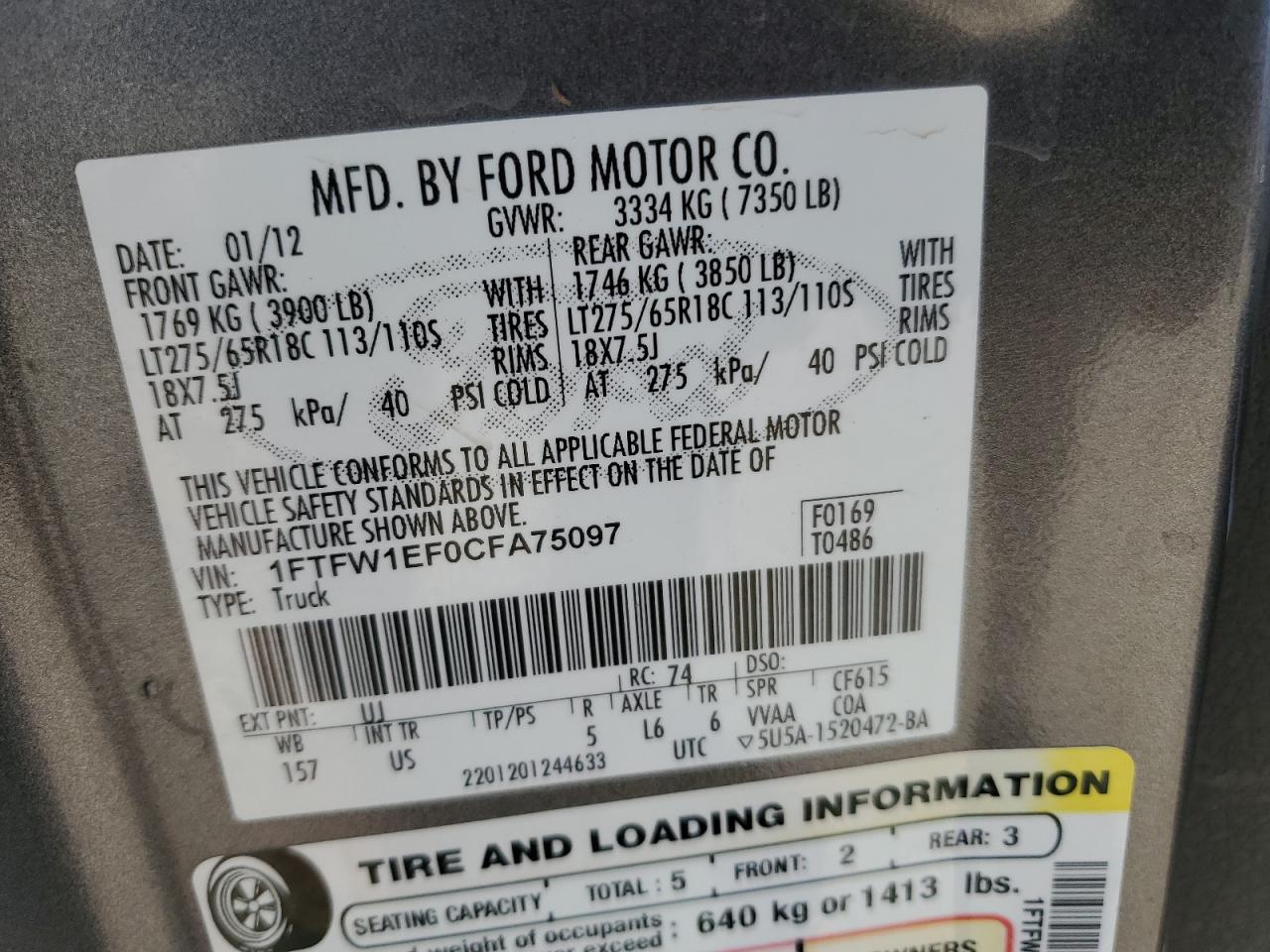 2012 Ford F150 Supercrew VIN: 1FTFW1EF0CFA75097 Lot: 64628025