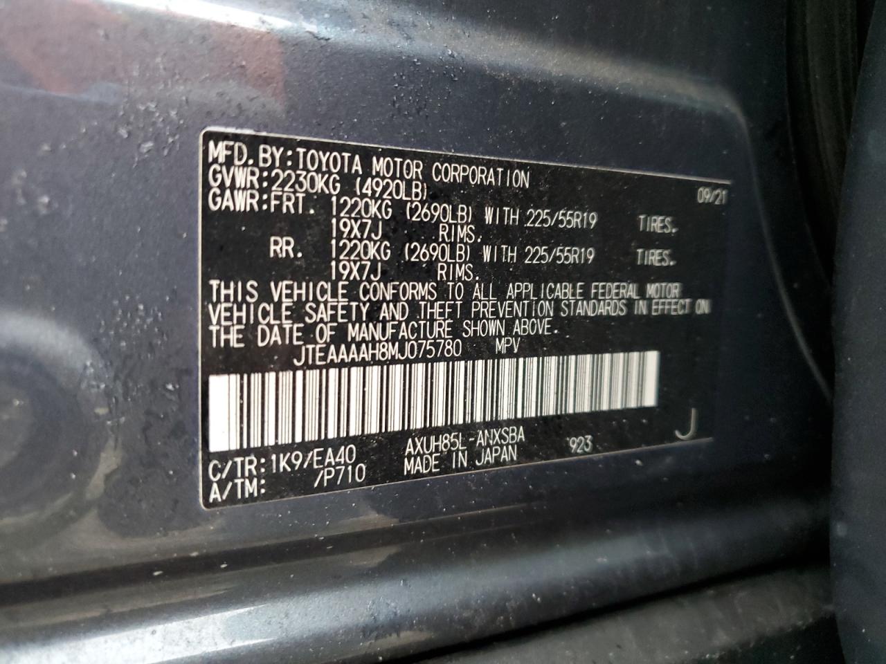 2021 Toyota Venza Le VIN: JTEAAAAH8MJ075780 Lot: 63007795