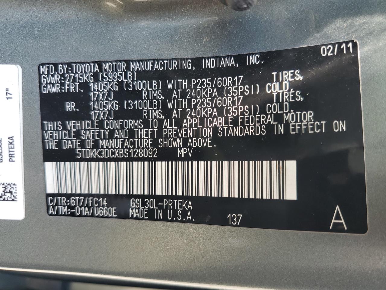 2011 Toyota Sienna Le VIN: 5TDKK3DCXBS128092 Lot: 63926605