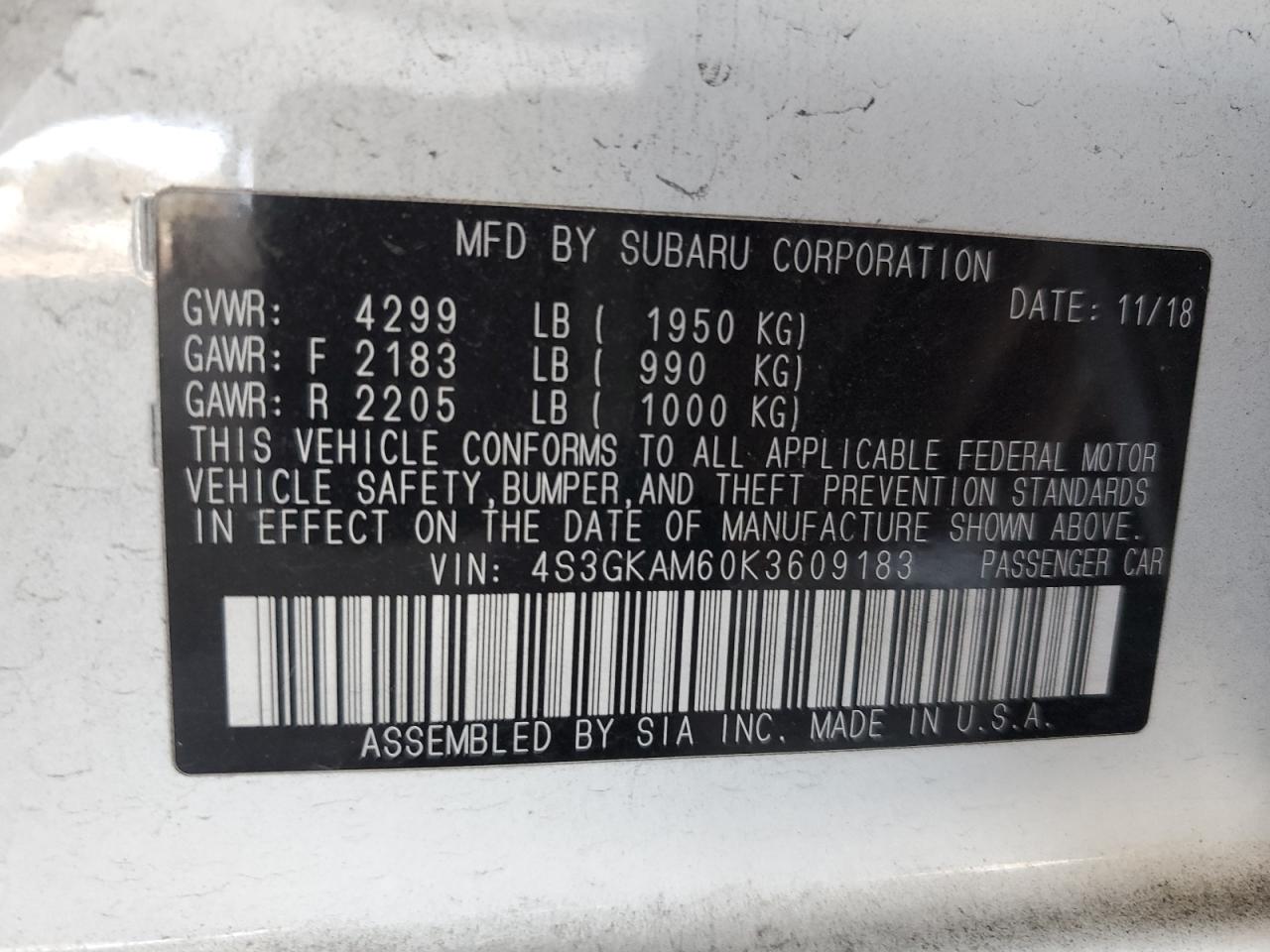2019 Subaru Impreza Sport VIN: 4S3GKAM60K3609183 Lot: 65470445
