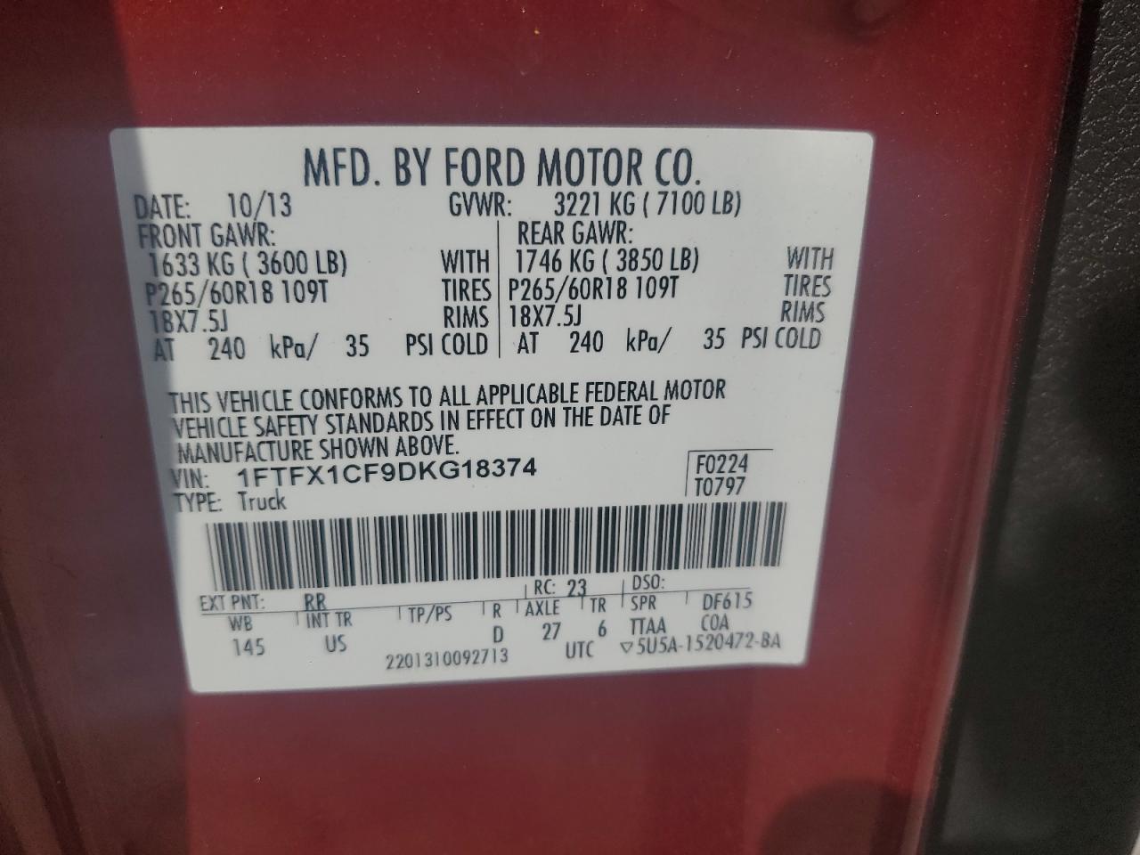 2013 Ford F150 Super Cab VIN: 1FTFX1CF9DKG18374 Lot: 64843535