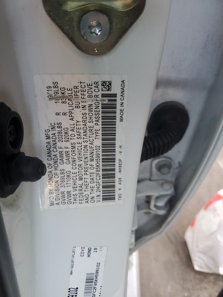 2019 Honda Civic Sport VIN: 2HGFC2F85KH599102 Lot: 64787695