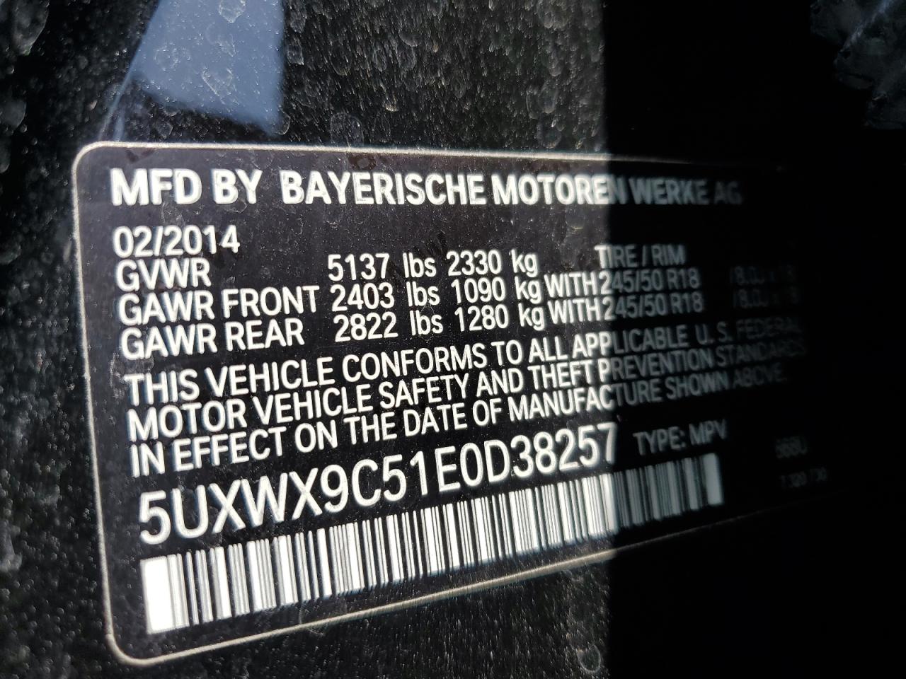 2014 BMW X3 xDrive28I VIN: 5UXWX9C51E0D38257 Lot: 64434705