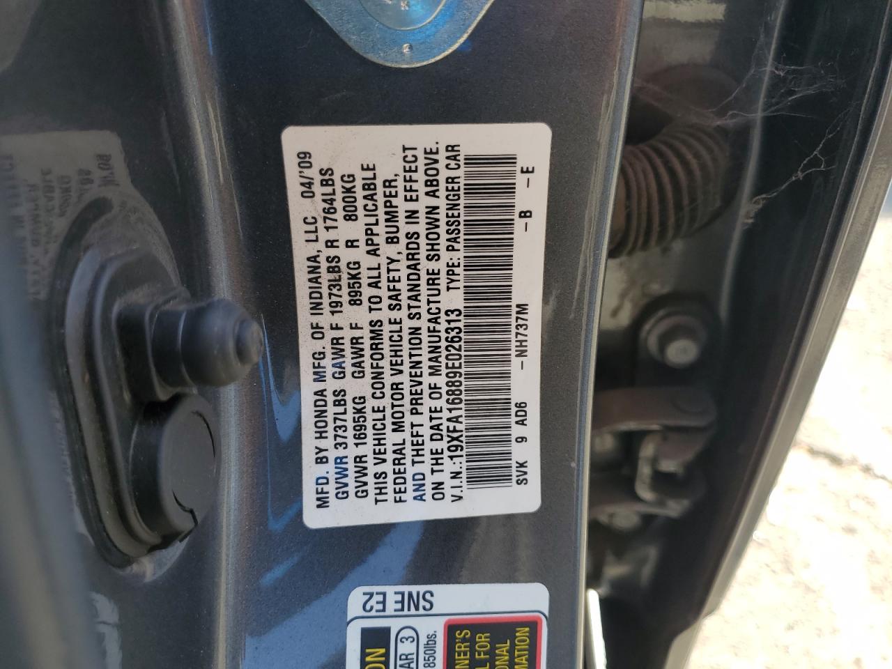 2009 Honda Civic Ex VIN: 19XFA16889E026313 Lot: 65197165