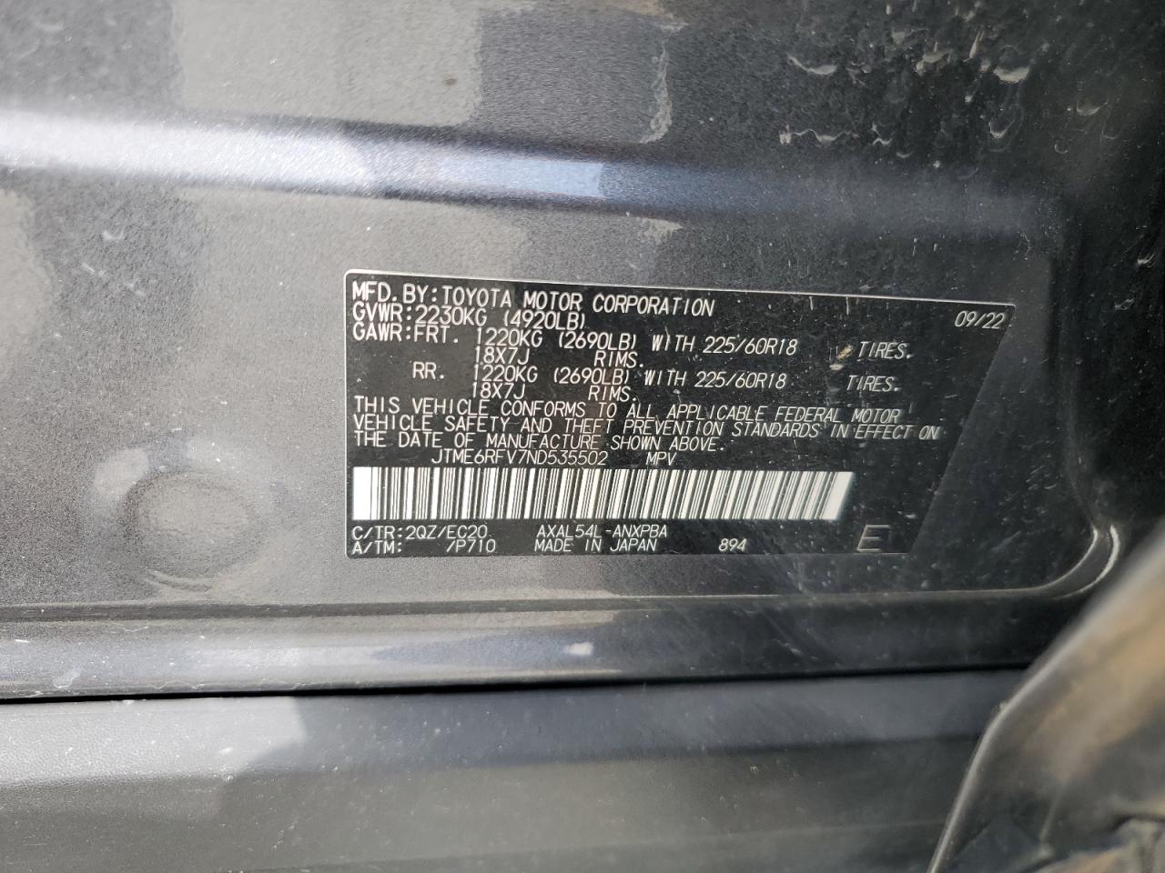 2022 Toyota Rav4 Xse VIN: JTME6RFV7ND535502 Lot: 65873665