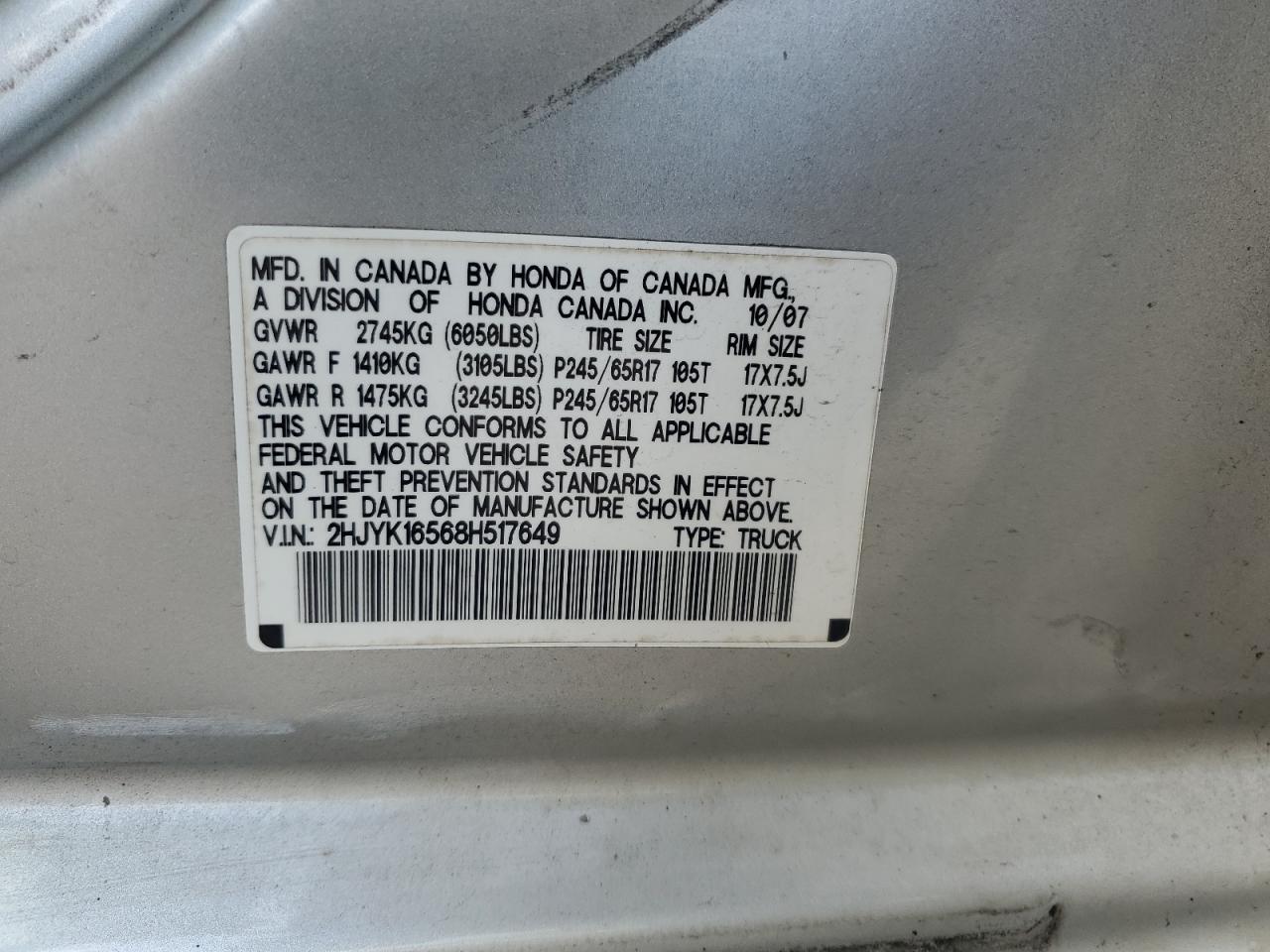 2hjyk16568h517649 2HJYK16568H517649 2008 Honda Ridgeline Rtl