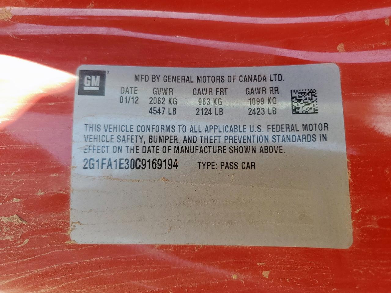 2012 Chevrolet Camaro Ls VIN: 2G1FA1E30C9169194 Lot: 65429665