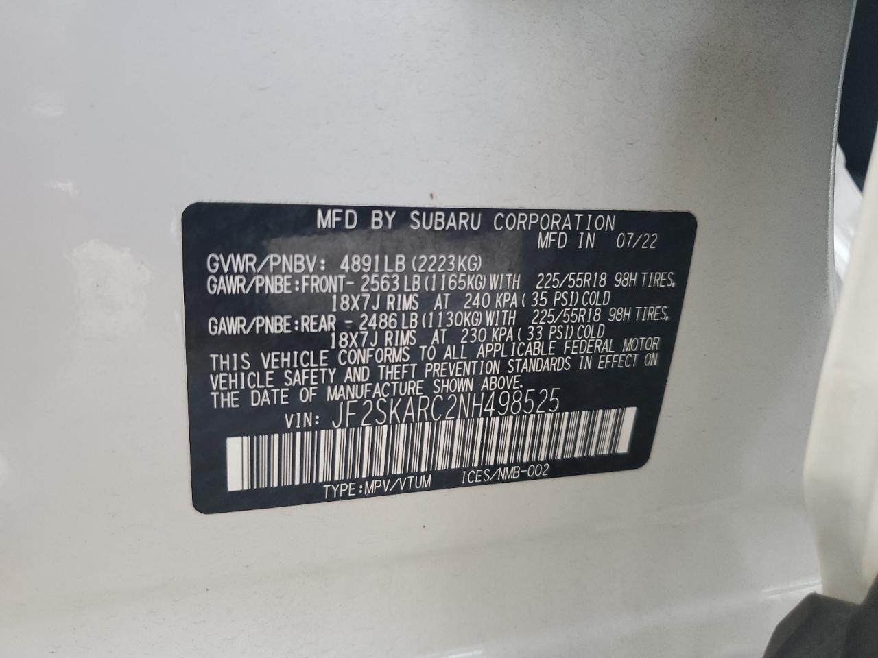 2022 Subaru Forester Touring VIN: JF2SKARC2NH498525 Lot: 65123825