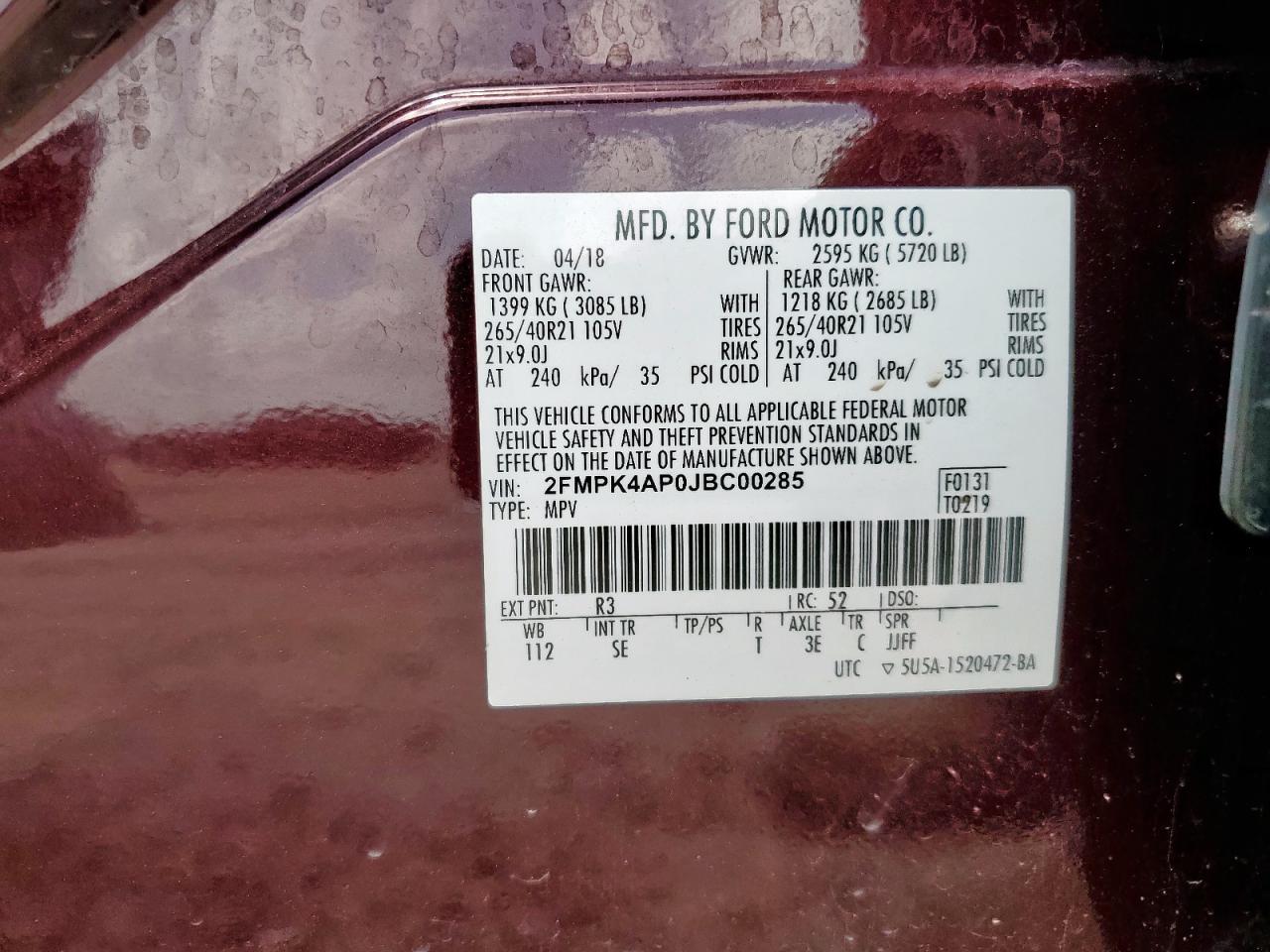 2018 Ford Edge Sport VIN: 2FMPK4AP0JBC00285 Lot: 64291025