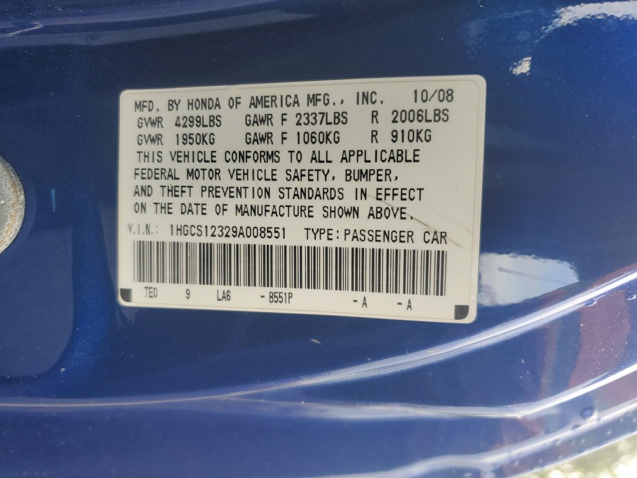 2009 Honda Accord Lx VIN: 1HGCS12329A008551 Lot: 64622895